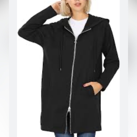 GAP Hooded Black Fleece Zip Front Thigh Length Coat Size S - Picture 1 of 12